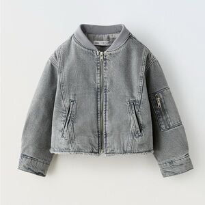 Zara Gray bomber Jean Jacket with Stand-Up Collar